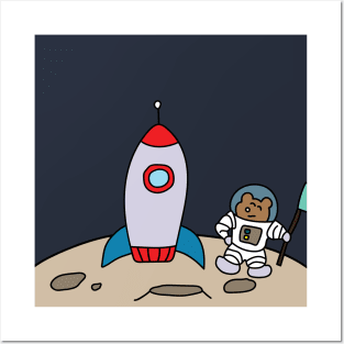 cute astronaut bear with rocketship on the moon Posters and Art